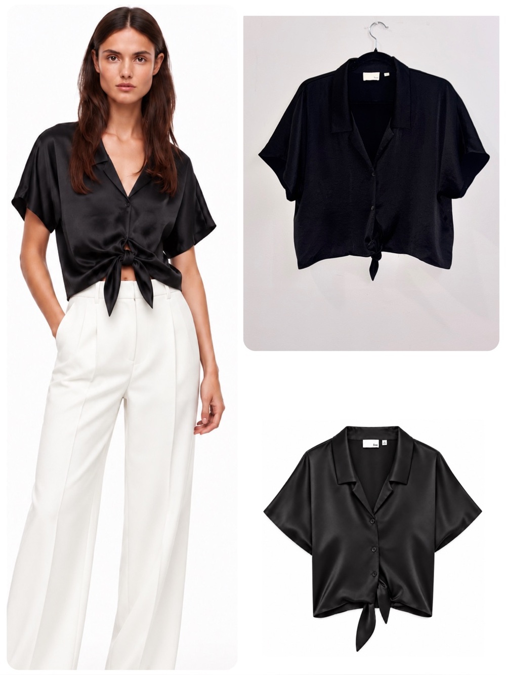 Aritzia WILFRED FREE Tie Front Satin Blouse Black Button Up Cropped Top Sz Large